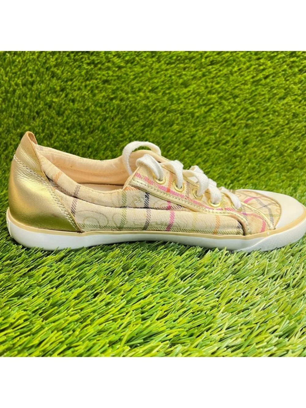 Coach Barrett Tattersall Plaid Women Size 7.5 Cream Gold Athletic Shoes Sneakers